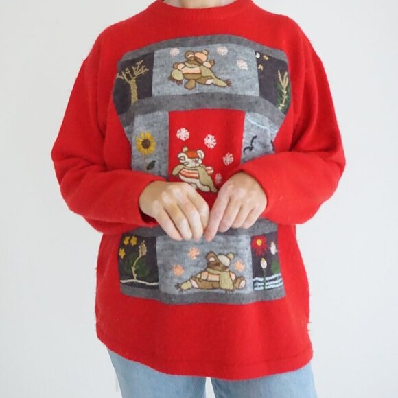 Vintage Unison Fashion Red Christmas Teddy Bear Crewneck Knit Sweater L - Picture 2 of 10